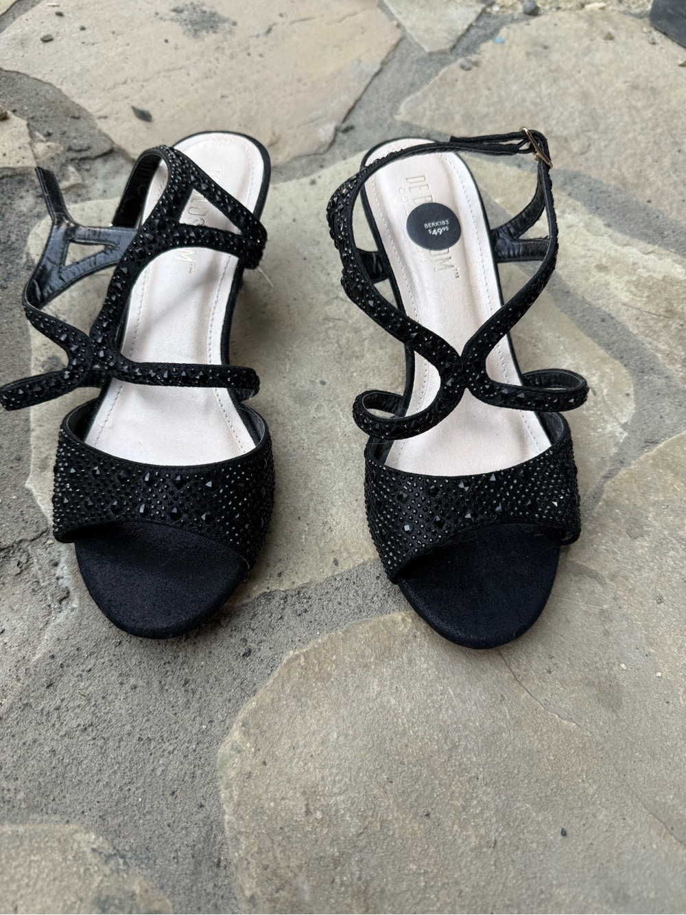 De Blossom Collection Black Rhinestone Evening Heels Sandals Size 7 NWOT